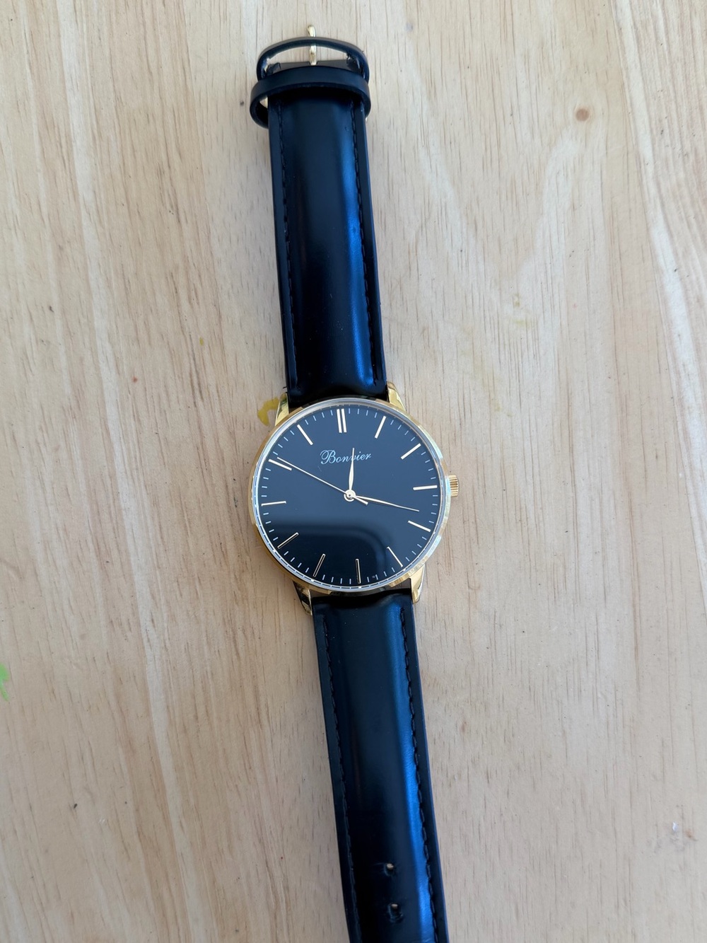 Men's Black Leather Strap Watch with Gold Case